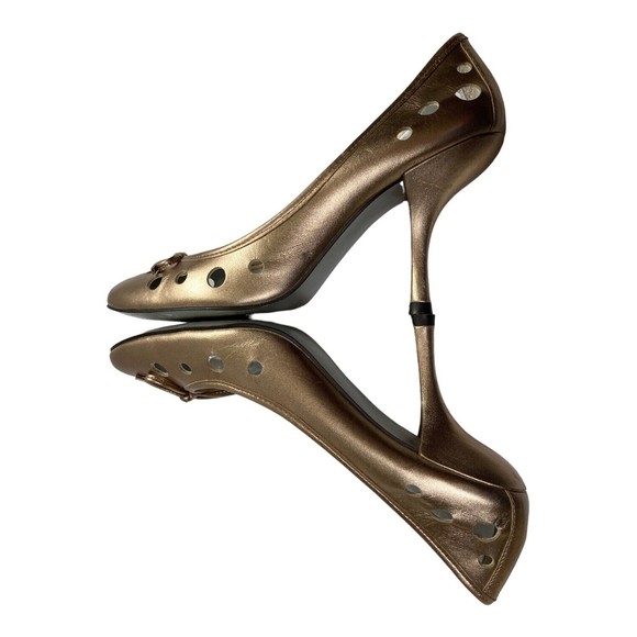 Jessica Simpson Heels Pumps Gold Leather Laser Cut Womens 8.5B Made in Brazil - Picture 5 of 10
